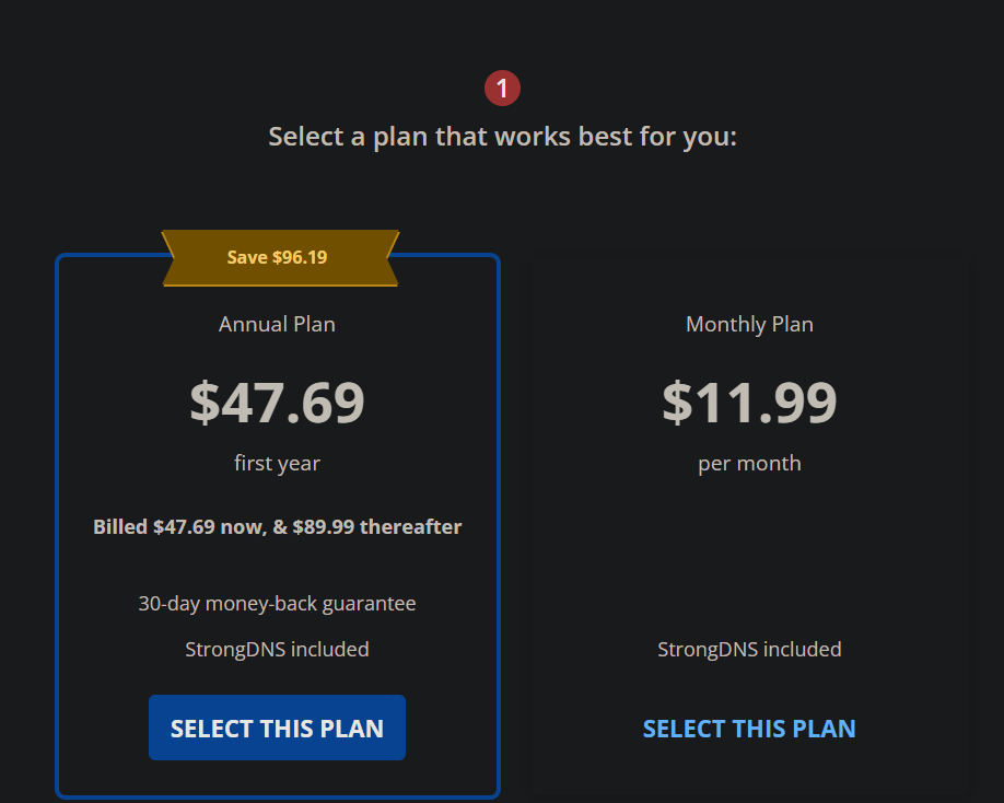 Plans tarifaires StrongVPN